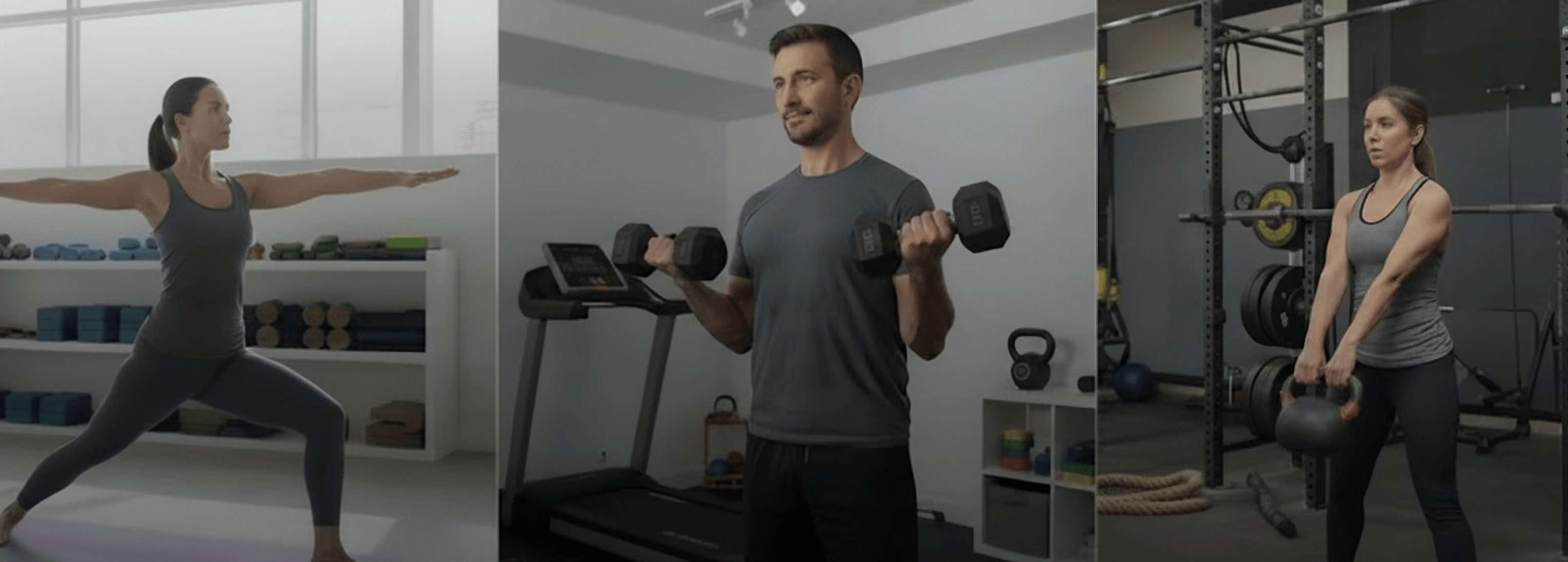 Three people exercising in different settings: a woman in a home gym, a man in a fitness studio, and a woman in a gym.