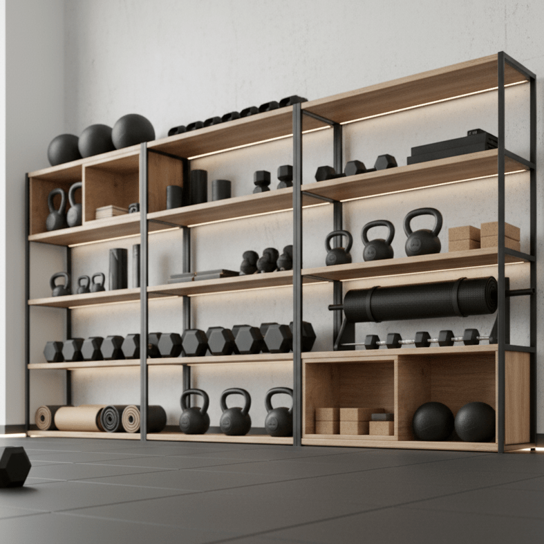 Wooden shelves with fitness equipment in a modern interior setting