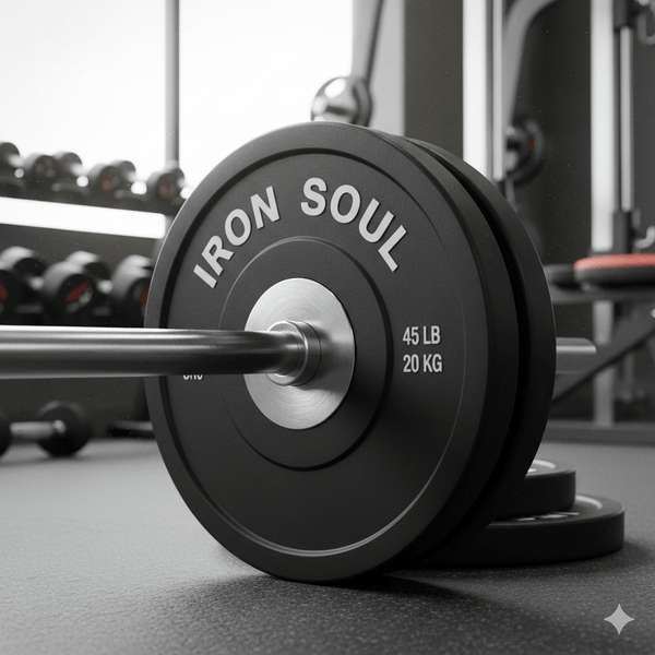 Barbell with weight plate labeled 'IRON SOUL' in a gym setting