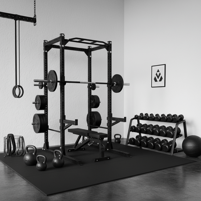 Gym setup with weight rack, barbell, dumbbells, and kettlebells on a black mat.