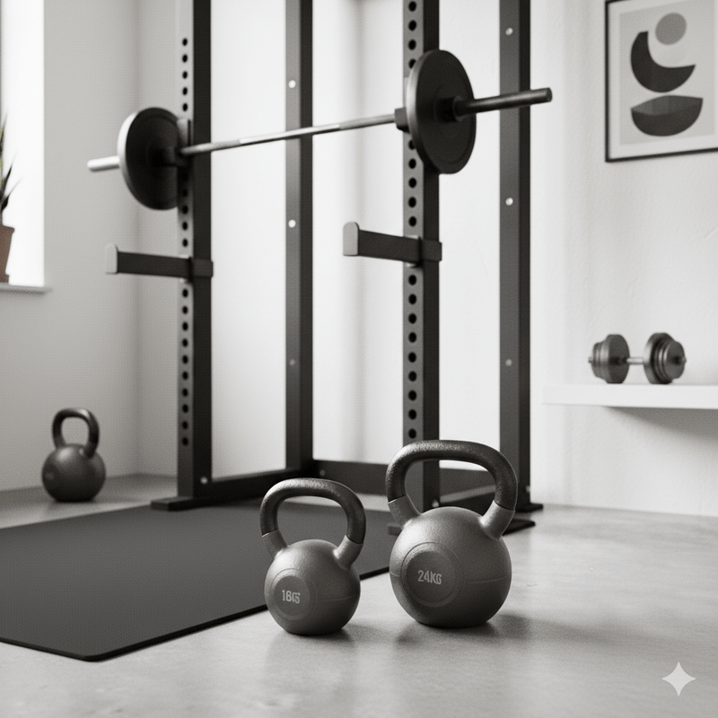 Gym equipment including kettlebells and a barbell rack in a room.
