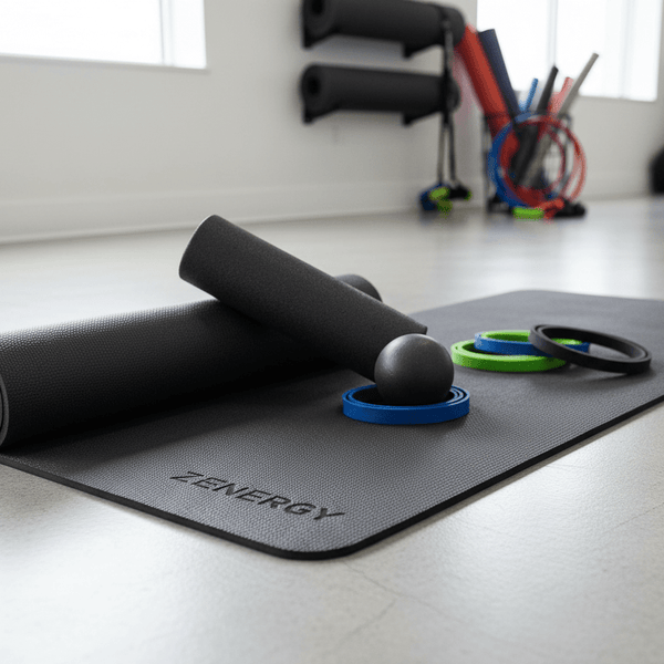 Gray exercise mat with fitness equipment on a light wooden floor
