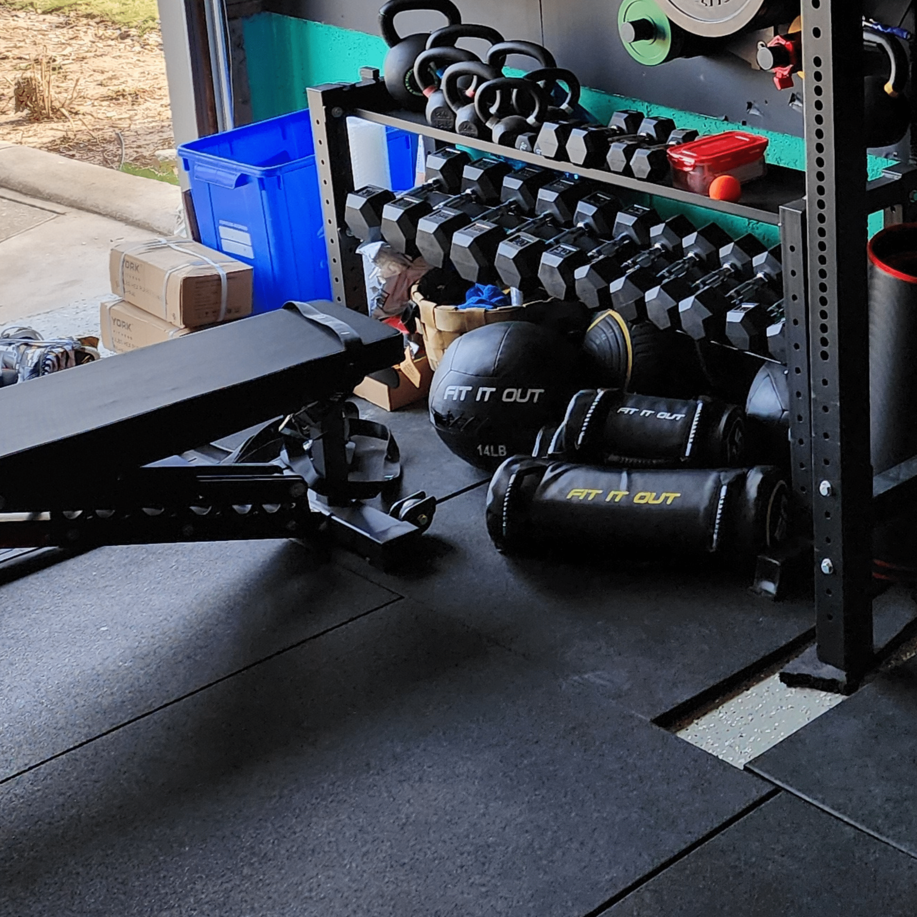 Fit It Out HOME GYM ESSENTIALS PACK – Barbell + Bench + 100 lb Plates + Flooring (BFCM25)