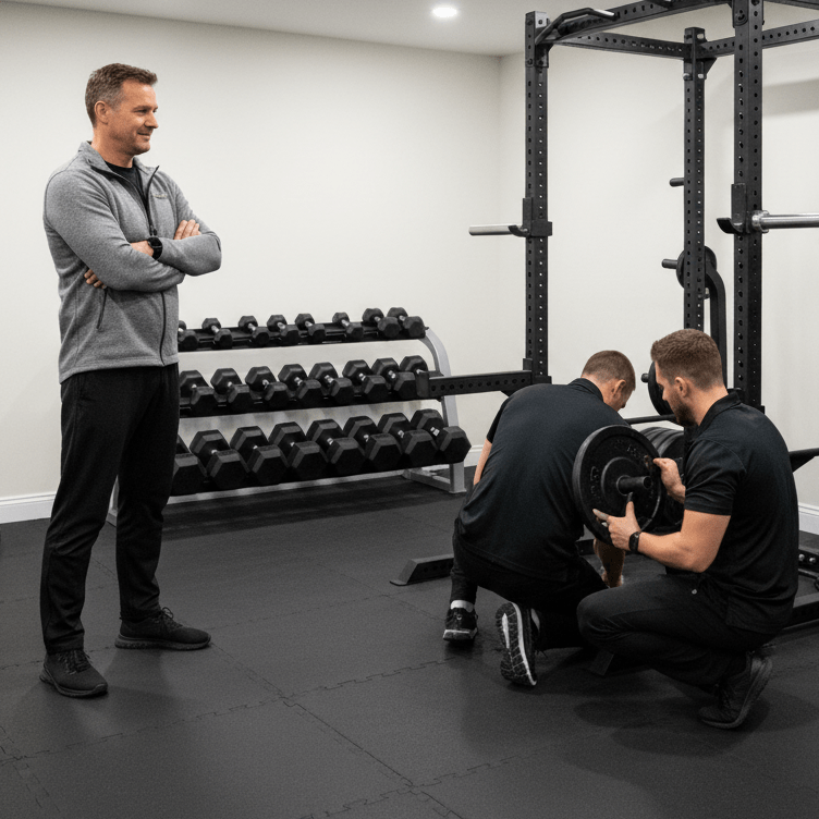 Three men in a gym setting with weightlifting equipment.