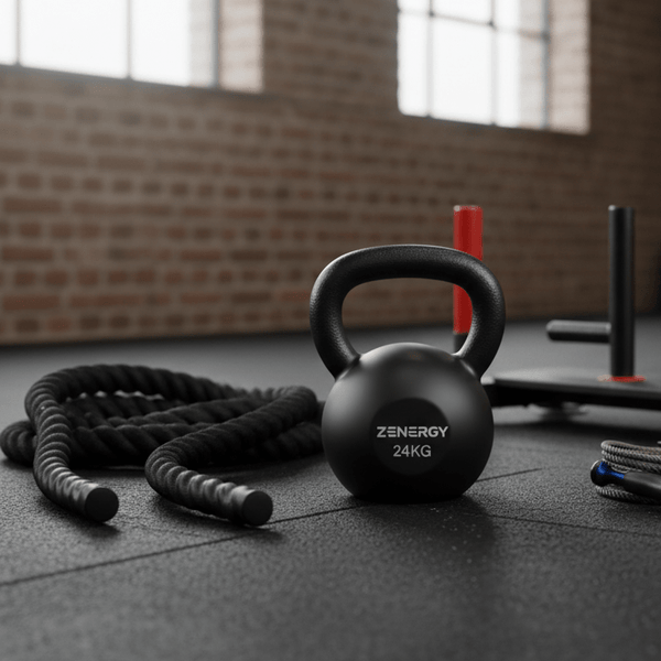 Kettlebell and resistance bands on a gym floor with brick walls and windows.